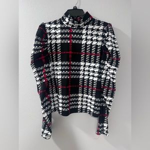 Chic Plaid High Neck Puffed Sleeve Tee Red Black White